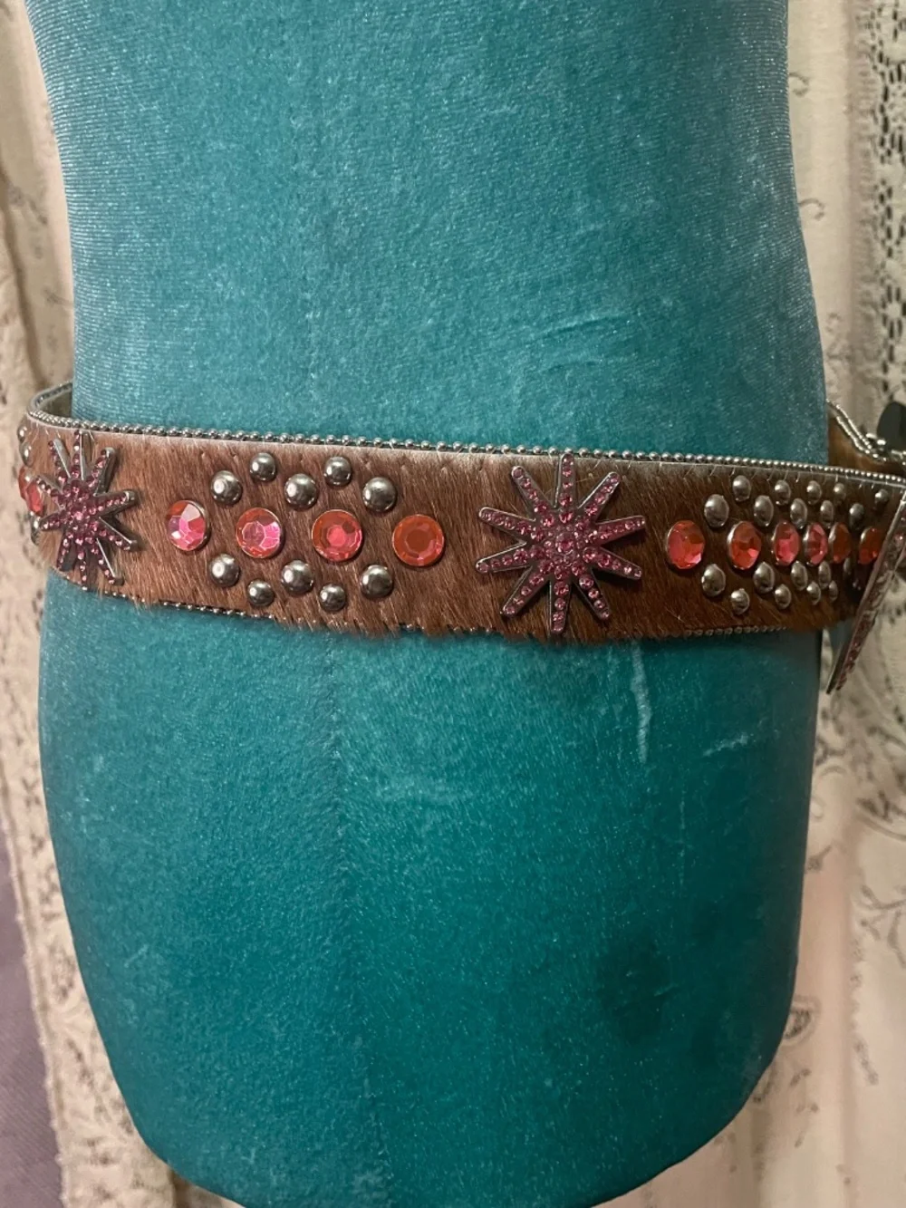 WB Atlas: Western-style belt featuring brown hair-on leather and pink crystals